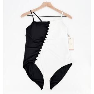 NWT CALIA Looped Apron Neck One Piece Swimsuit 12 Black White Colorblock Minimal